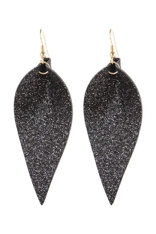 Black Pinched Glittery Leather Drop Earrings