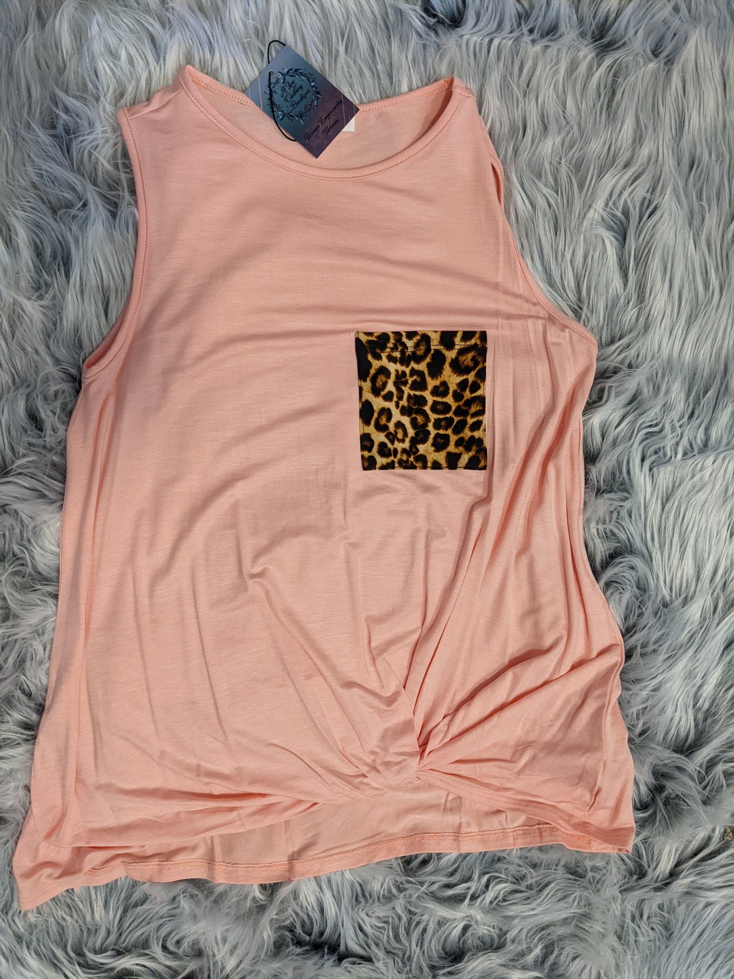 Solid Twisted Front Knot Top with Leopard Pocket